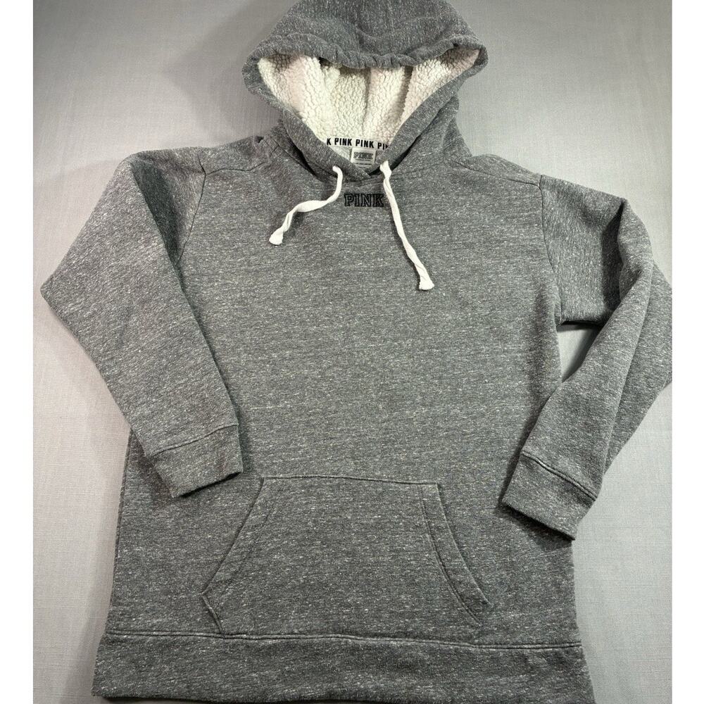 Victoria's Secret PINK Sherpa Lined Hoodie XS Gray Camo Back Pullover Fleece